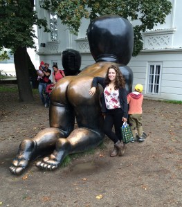 Famous David Černý sculpture of barcode-faced baby in a Prague 2 park.